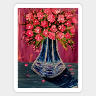 Pink and white abstract flowers in a blue glass vintage vase Sticker